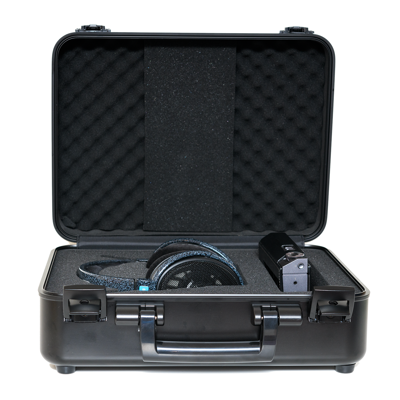 Black hard case with foam interior, featuring blue-accented headphones and a portable amplifier.