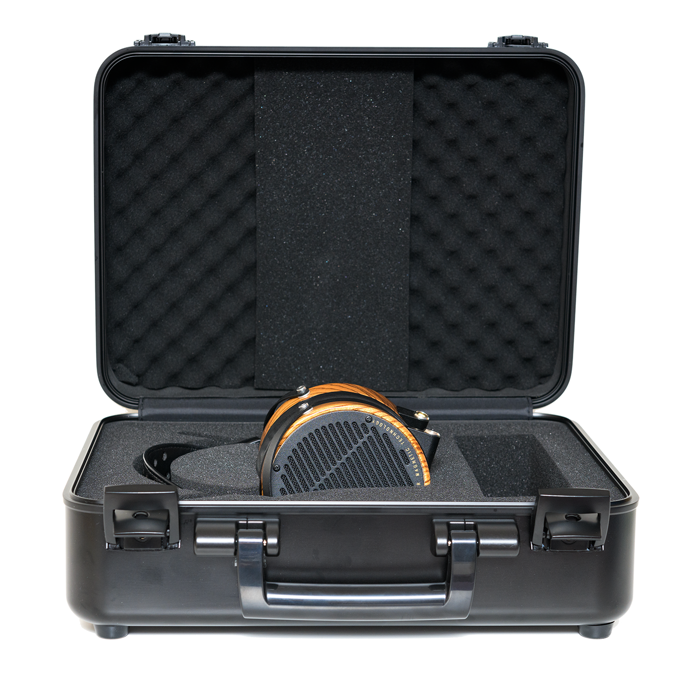 Black hard-shell case with orange accents, padded interior, and compartment for headphones. Ideal for travel and storage.