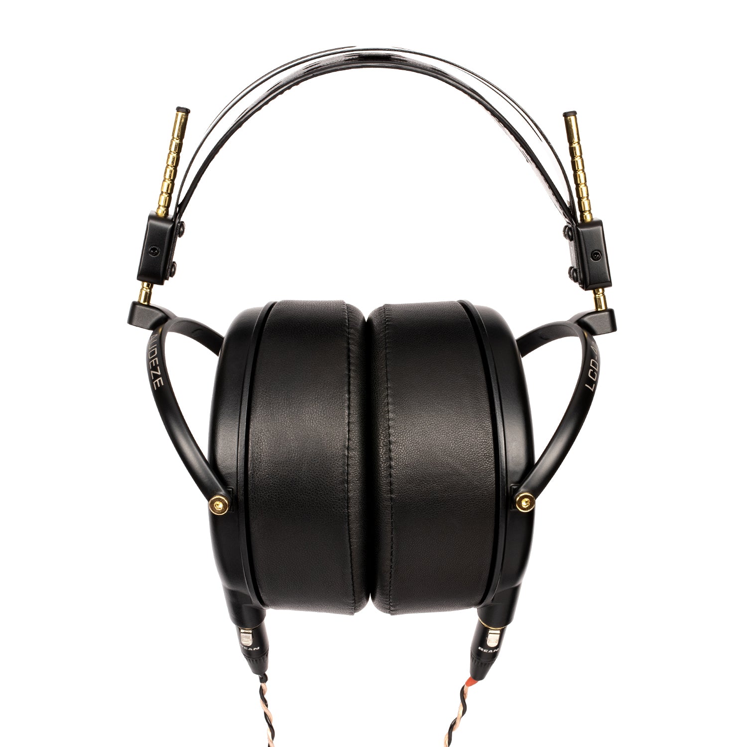 Black over-ear headphones with gold accents and padded leather ear cups for enhanced comfort and sound quality.