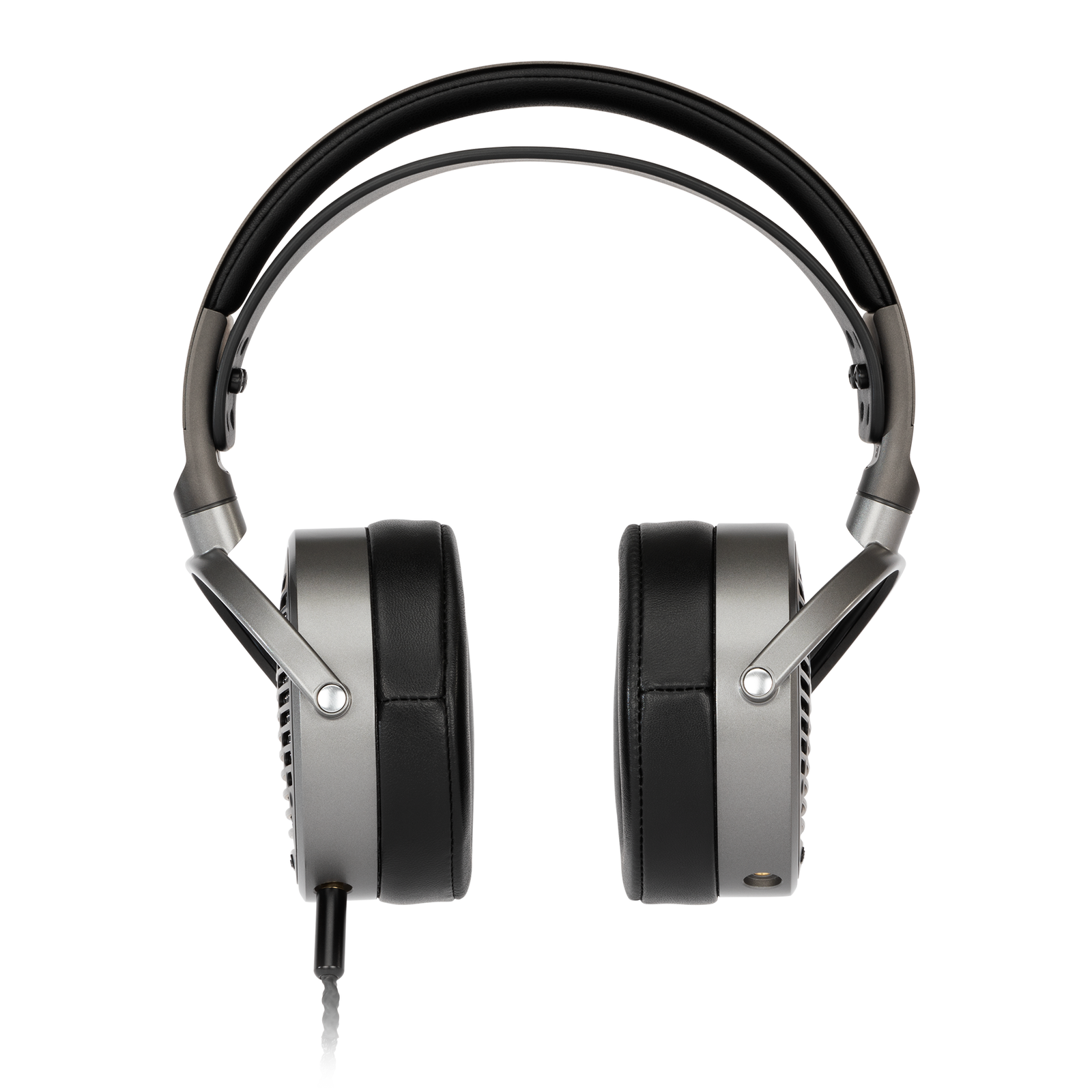 Sleek silver and black over-ear headphones with leather cushions and adjustable headband for comfort.