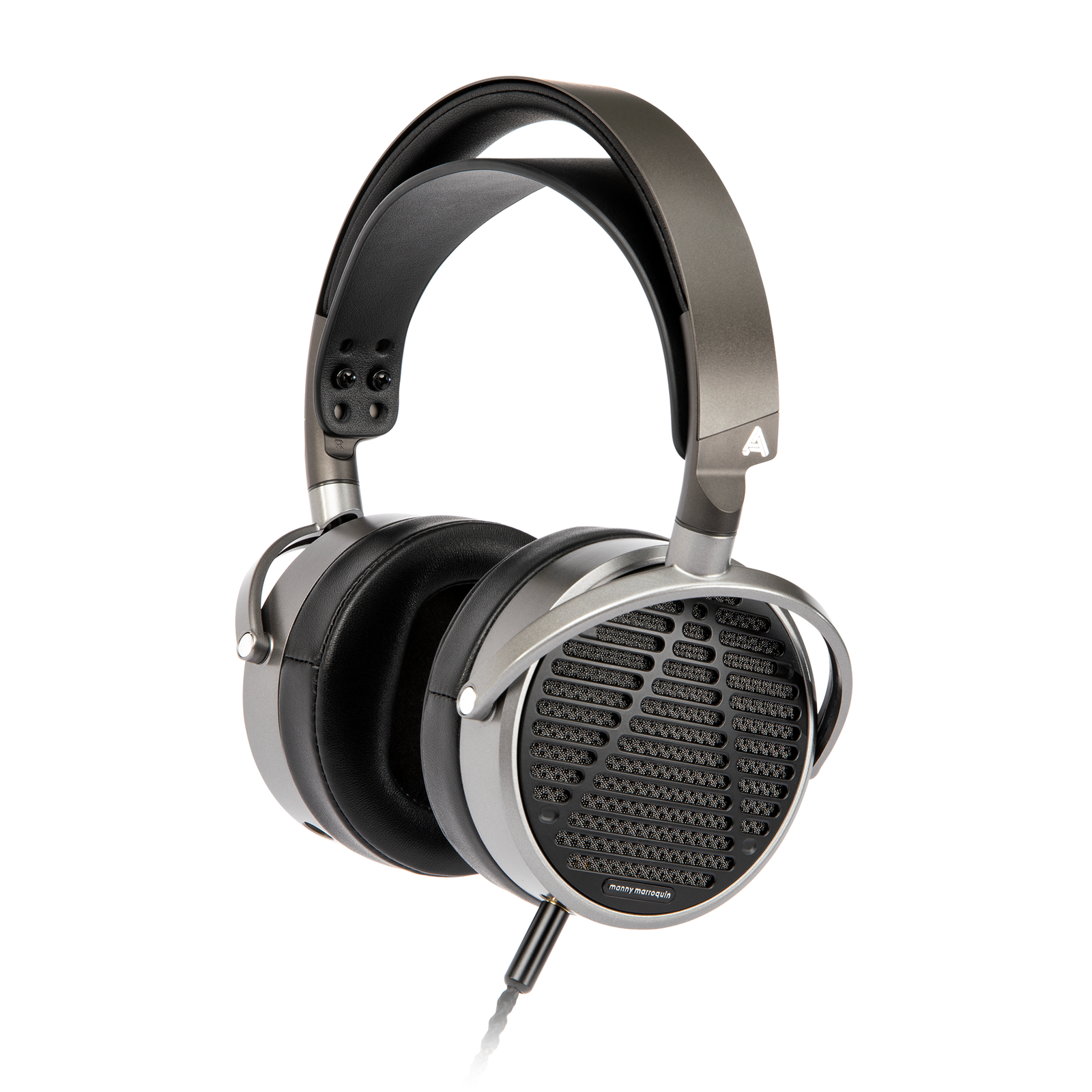 High-end grey and black over-ear headphones, featuring a sleek design and breathable mesh ear cups for comfort.