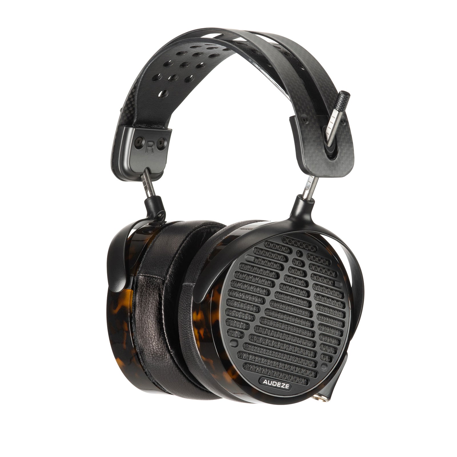 Audeze headphones in black and tortoise shell, featuring leather padding and a sleek modern design.