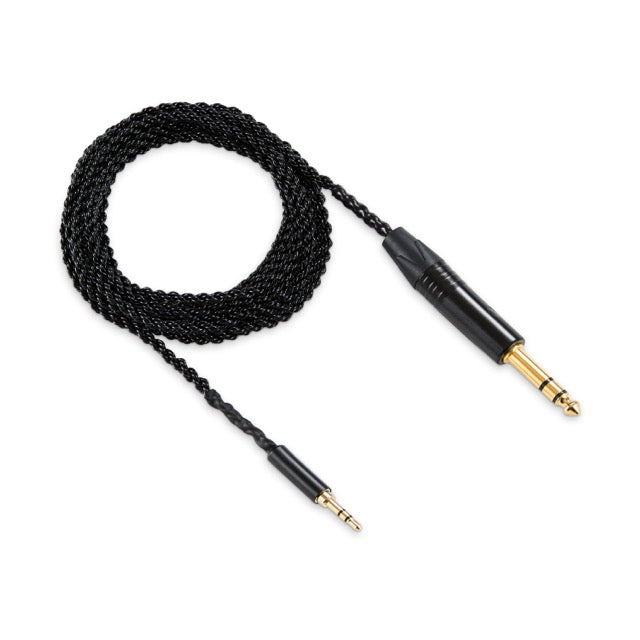 Braided black audio cable with gold-plated 3.5mm and 1/4" connectors, ideal for headphones and sound systems.