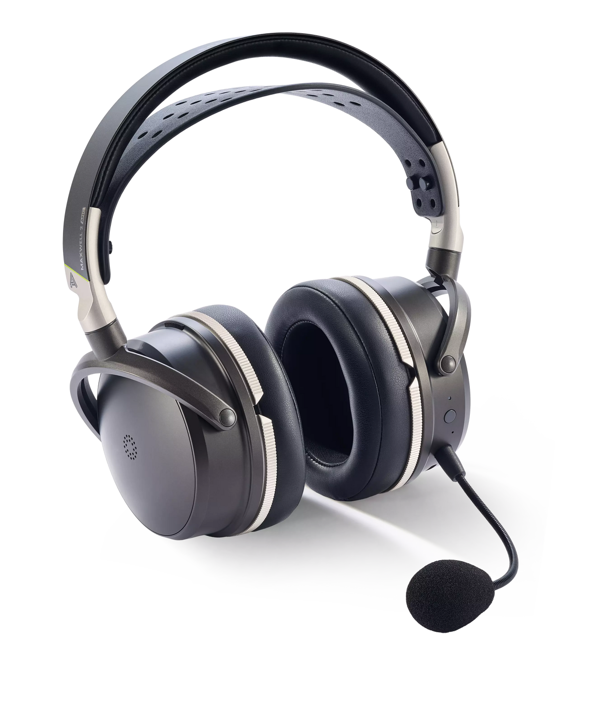 Black and silver over-ear headset with microphone, featuring plush ear cushions and adjustable headband for comfort.