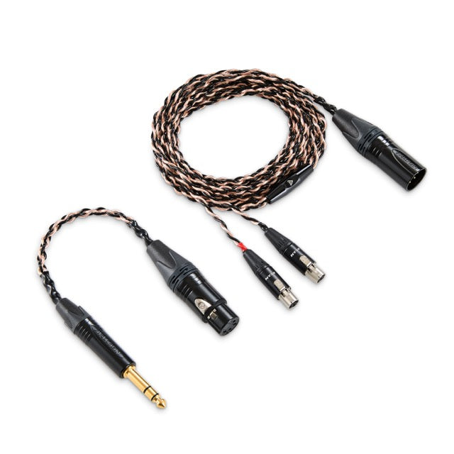 Braided audio cable in black and gold, featuring XLR and 1/4" connectors, ideal for professional sound systems.