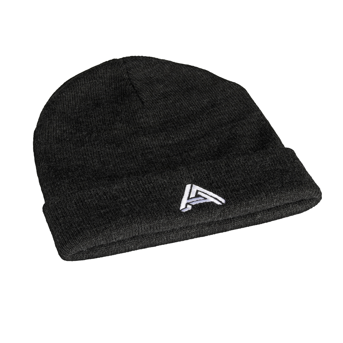 Black knit beanie made from soft material with an embroidered white logo on the front. Perfect for casual wear.