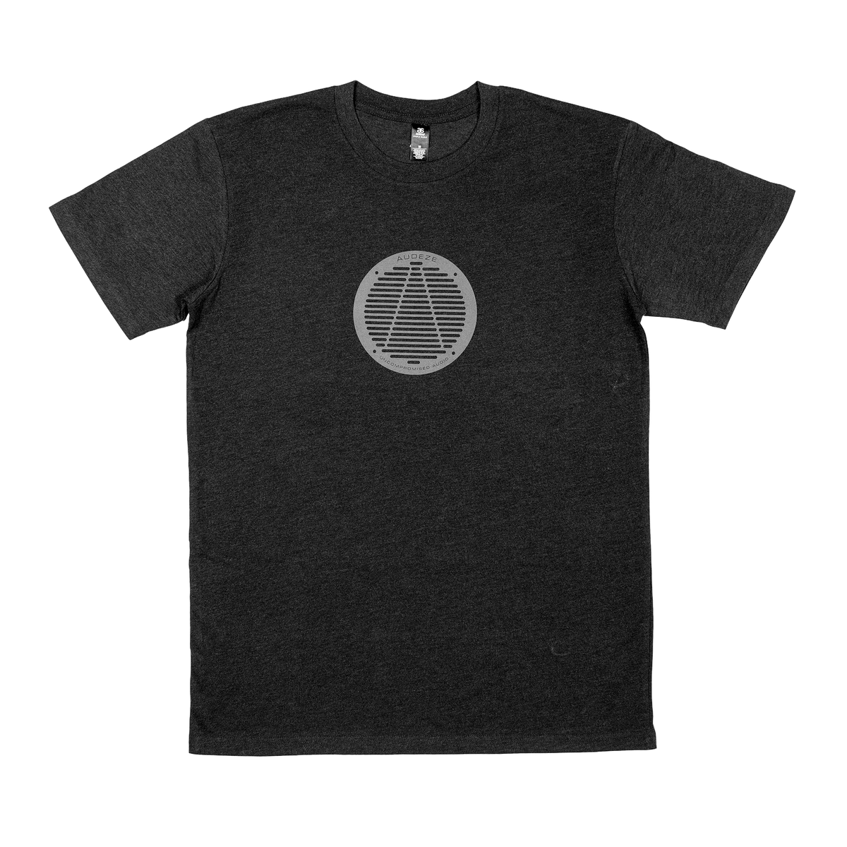 Men's charcoal gray cotton t-shirt featuring a circular striped graphic design in silver. Ideal for casual wear.