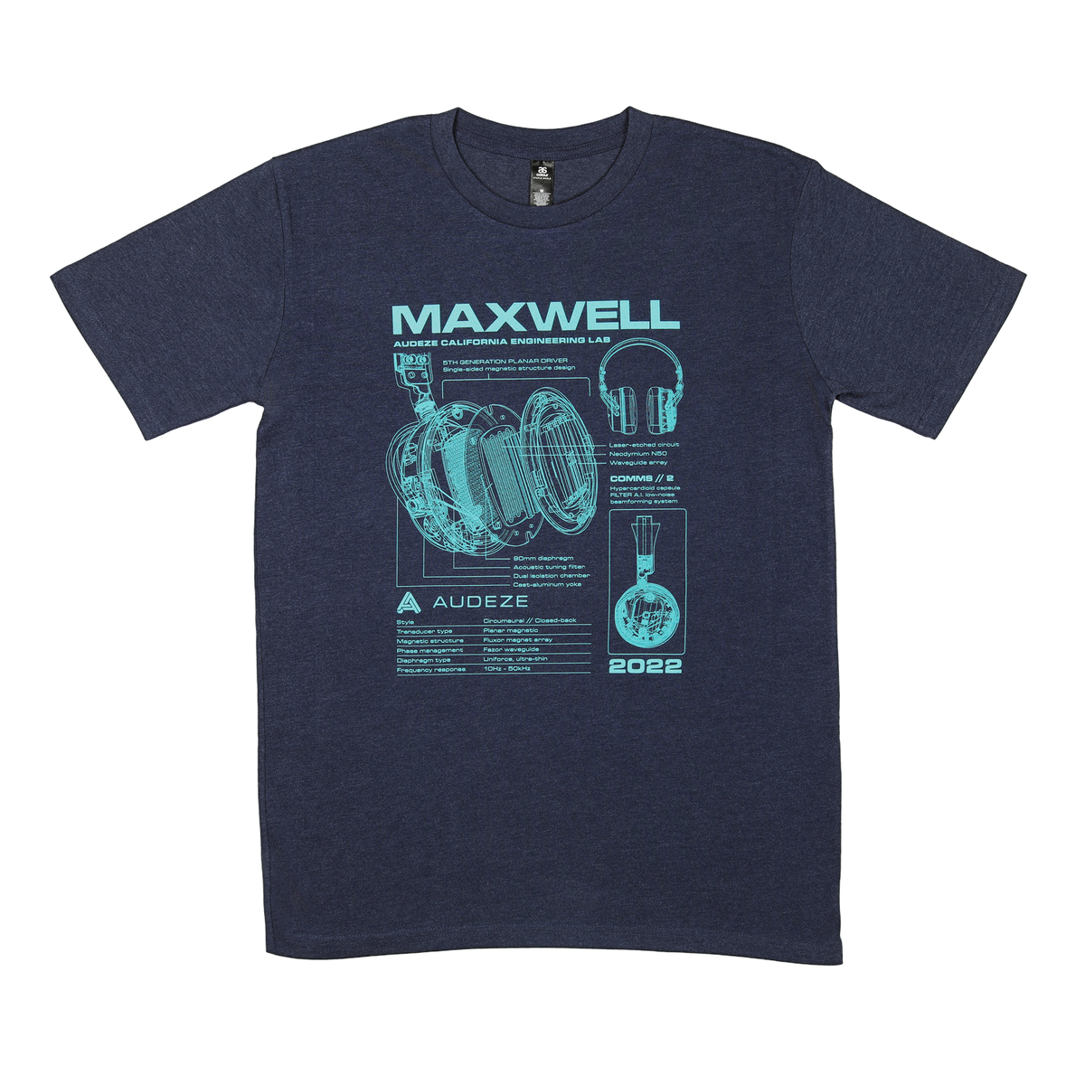 Navy blue t-shirt featuring turquoise graphics of headphone engineering by Audeze, style: casual, unisex, 2022 edition.