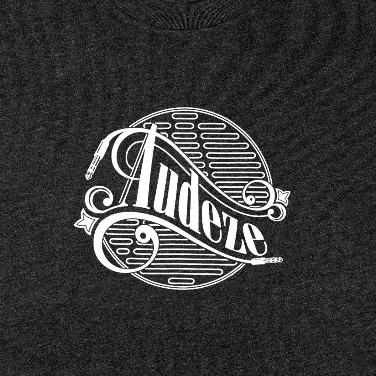 Black graphic tee featuring white Audeze logo and audio cable design, perfect for music enthusiasts.