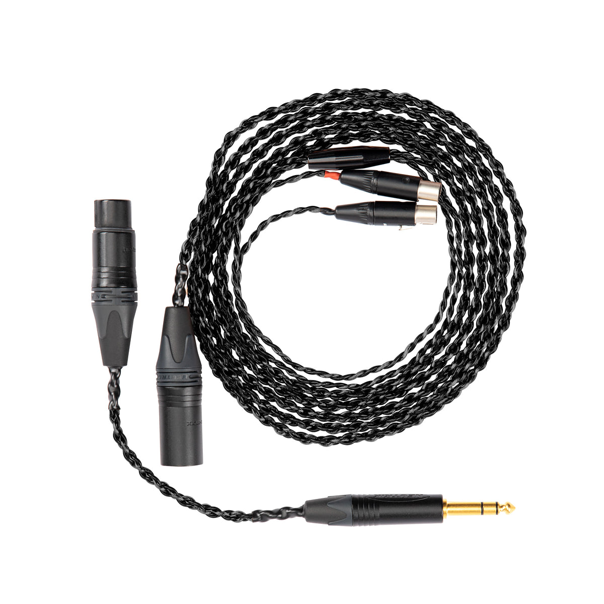 Black braided audio cable with XLR and 1/4" connectors, designed for professional sound equipment.