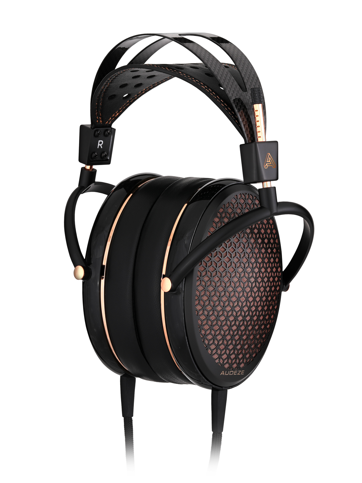 Audeze headphones with black carbon fiber finish, copper accents, and mesh detailing for premium sound and style.