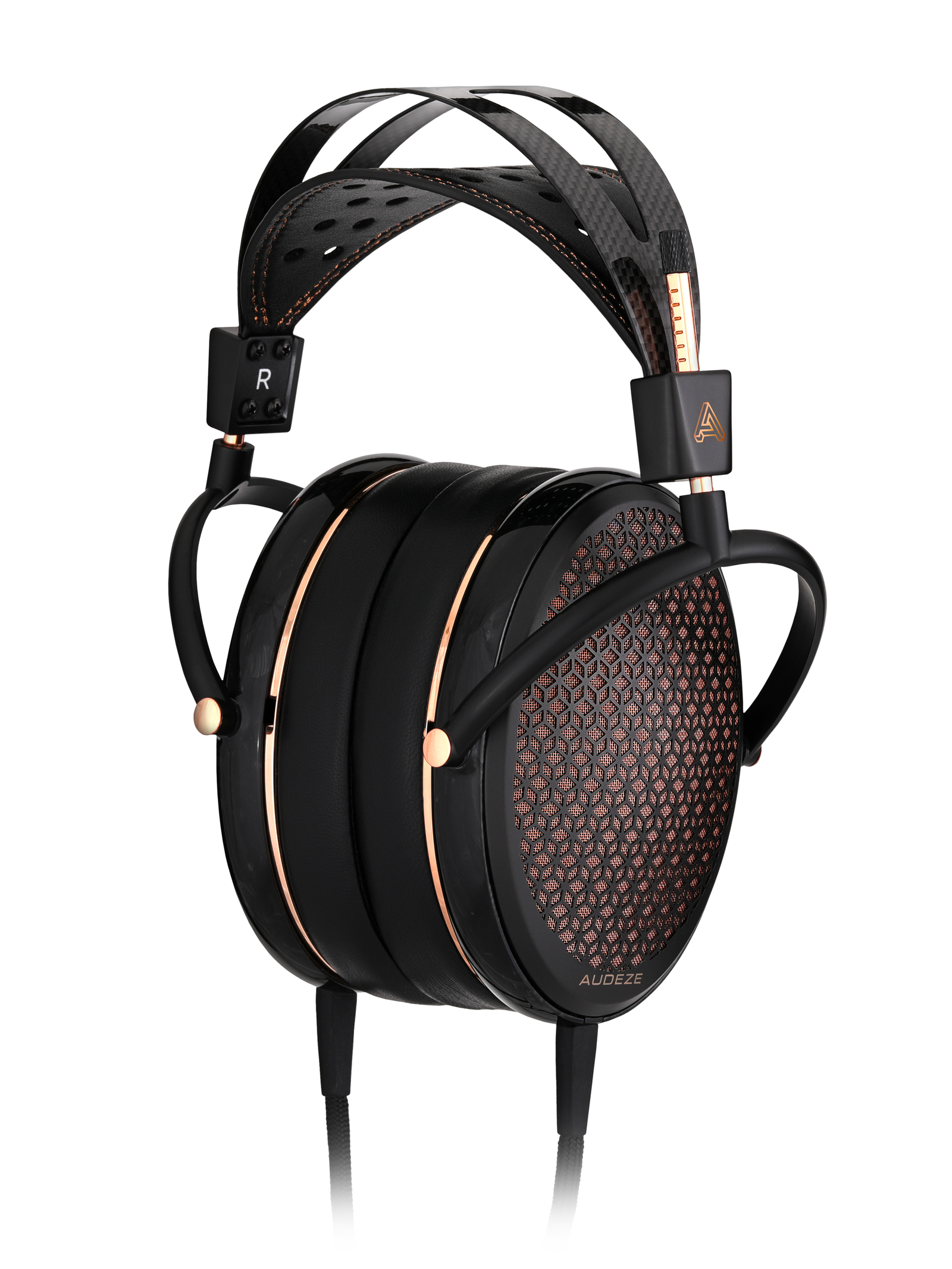 Audeze headphones with black carbon fiber finish, copper accents, and mesh detailing for premium sound and style.