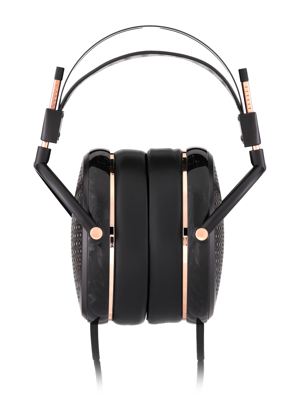 Black over-ear headphones with rose gold accents and leather cushions, offering a sleek, modern design for audio enthusiasts.