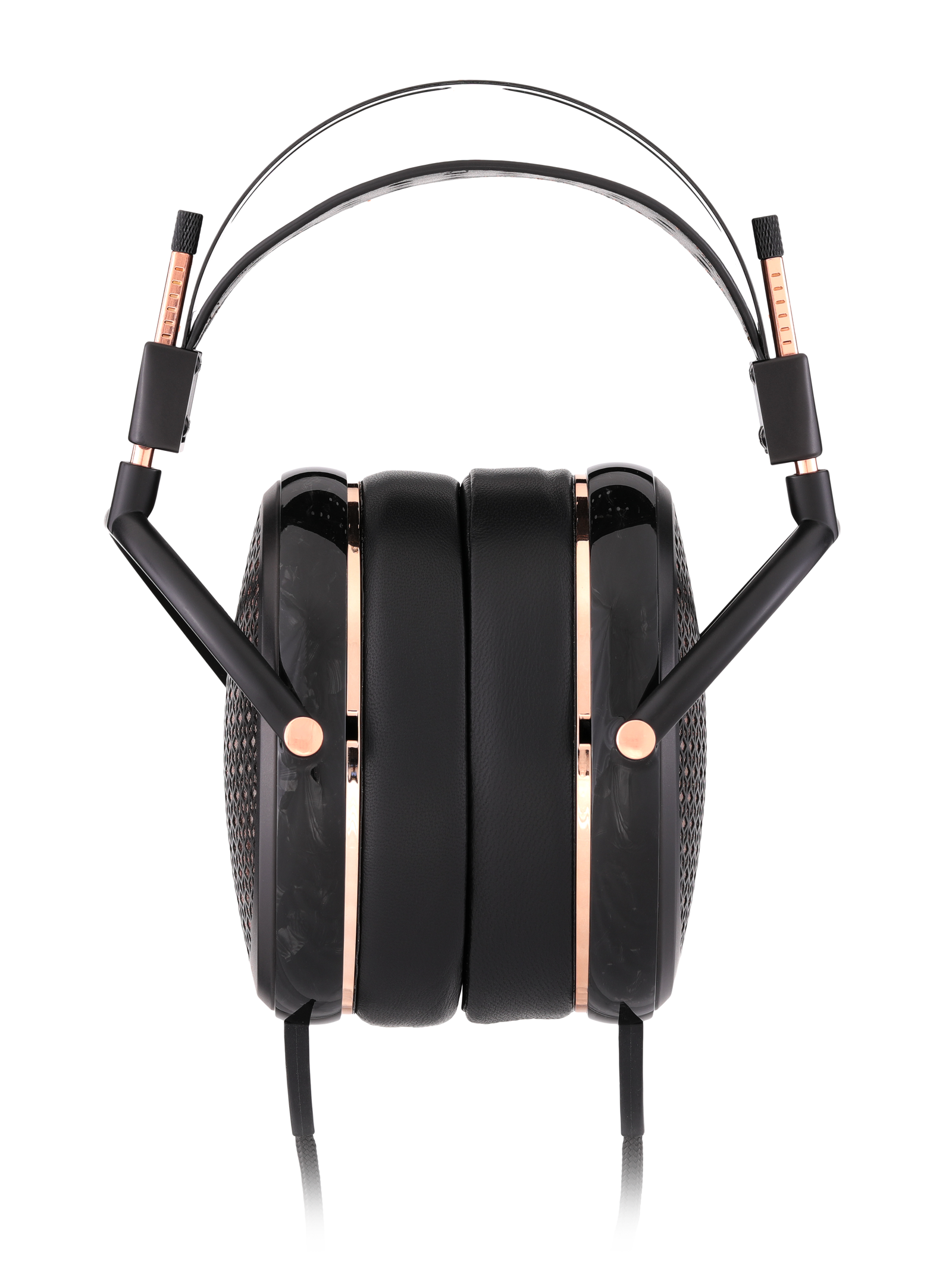 Black over-ear headphones with rose gold accents and leather cushions, offering a sleek, modern design for audio enthusiasts.