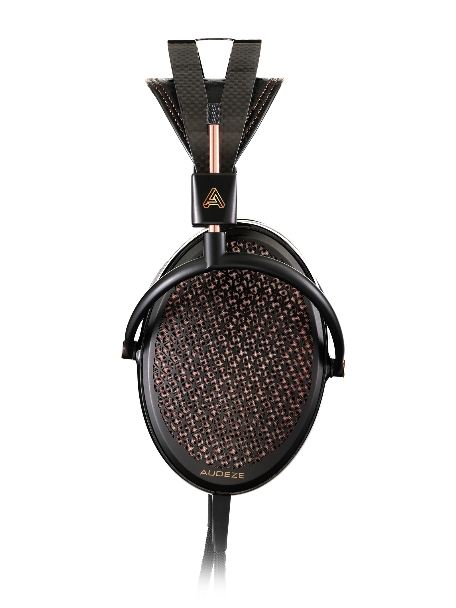 Audeze headphones in black with copper accents, featuring a durable carbon fiber headband and intricate mesh design.