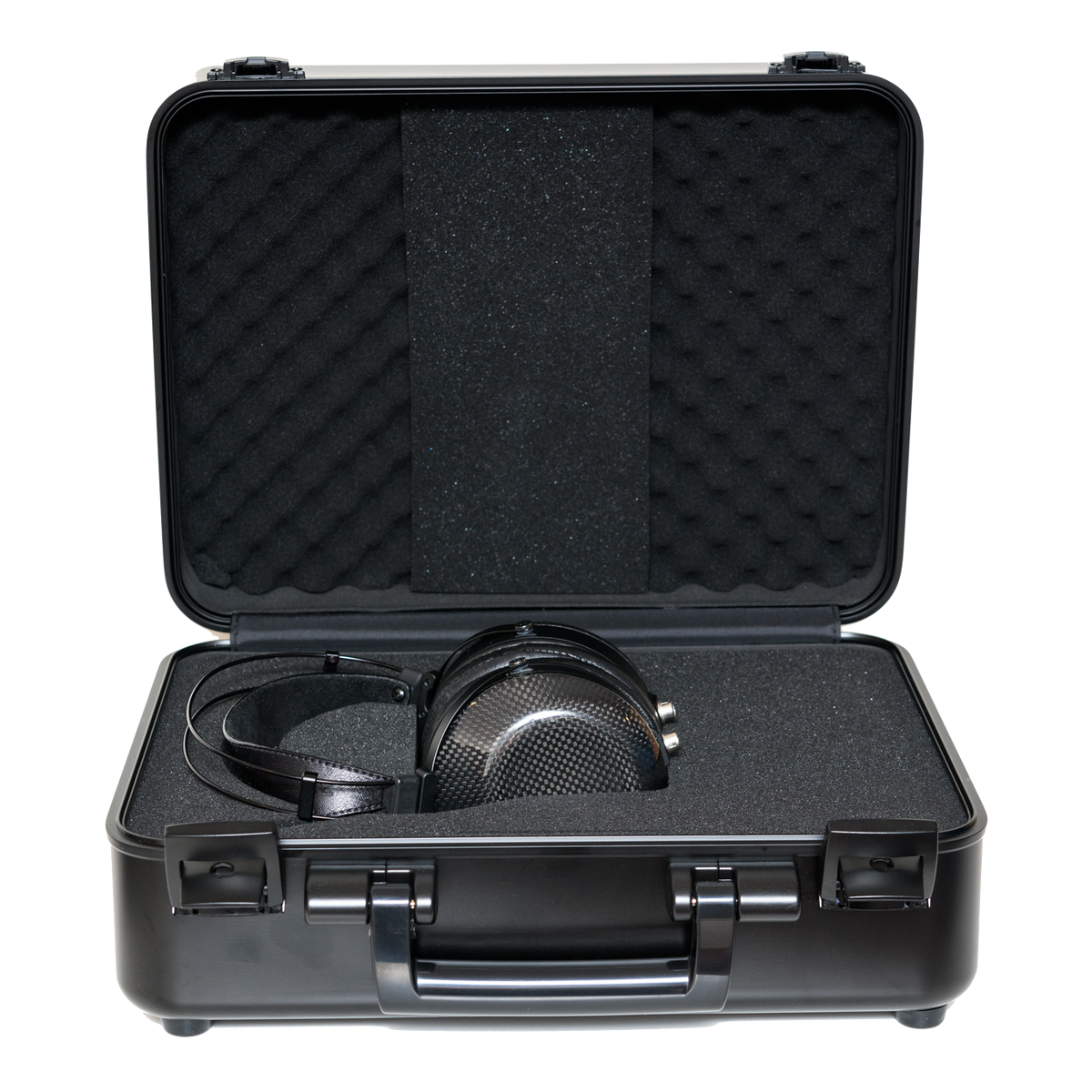 Black hard case with foam interior housing over-ear headphones, featuring a sleek design and premium materials.