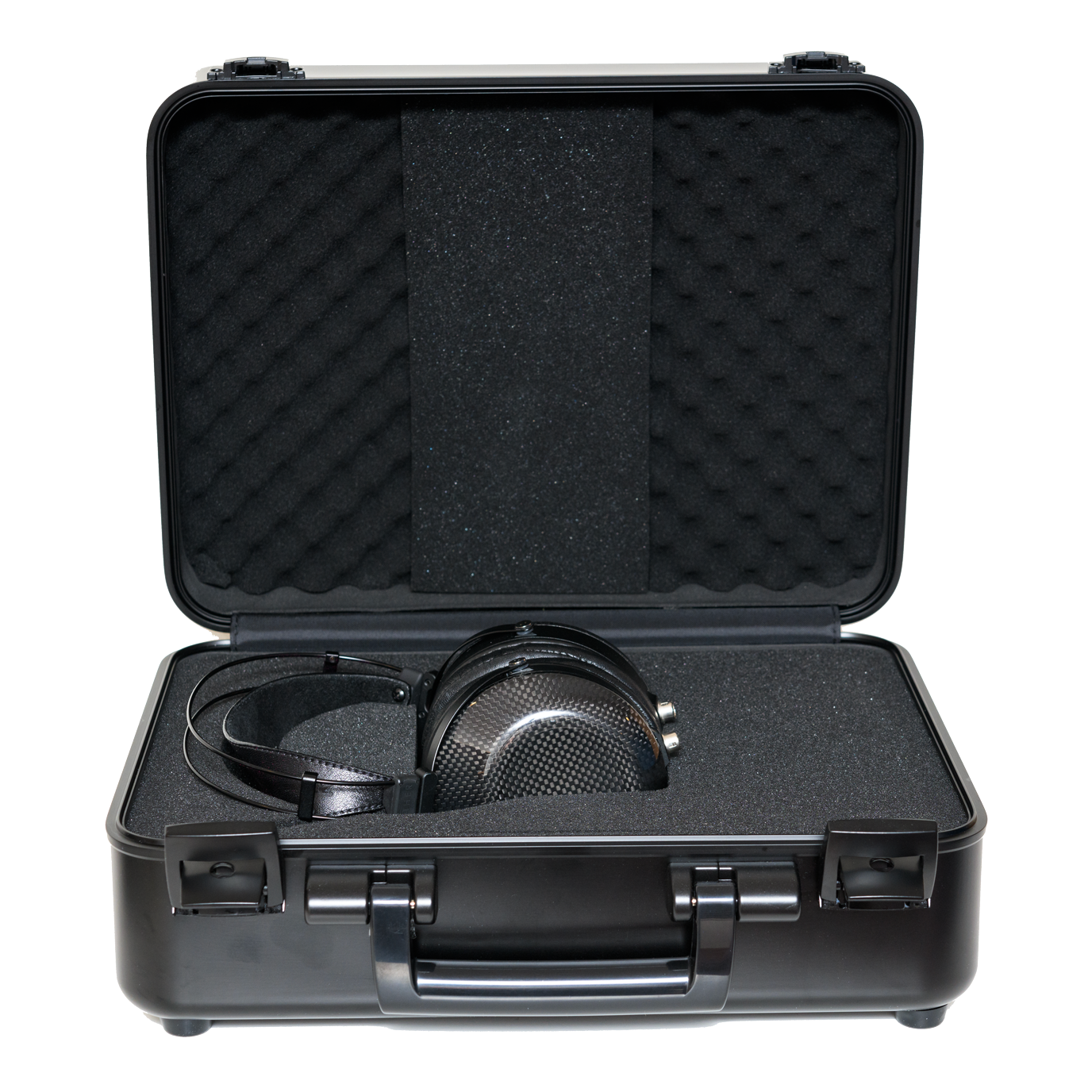 Black hard case with foam interior housing over-ear headphones, featuring a sleek design and premium materials.