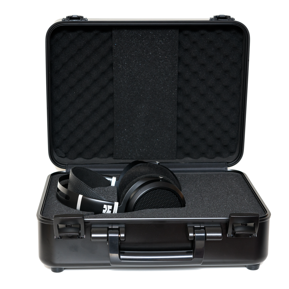 Black hard case with foam interior, housing wireless headphones, perfect for travel and protection.