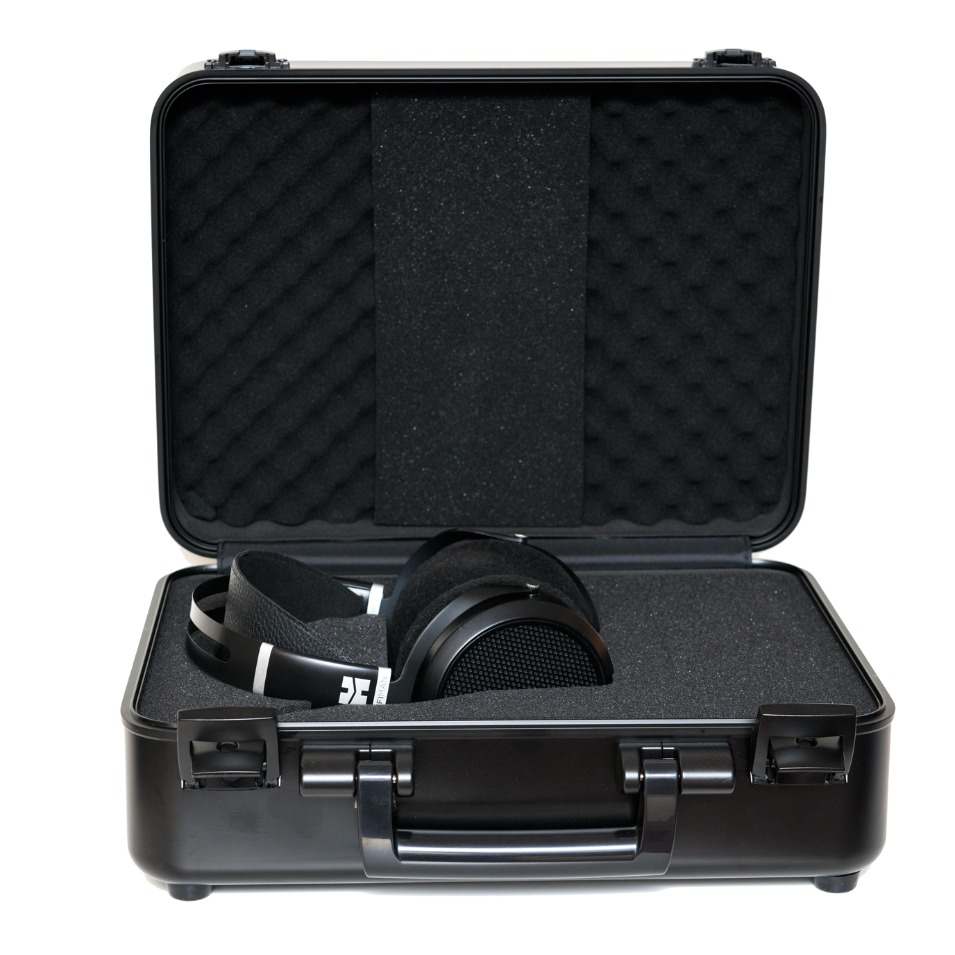 Black hard case with foam interior, housing wireless headphones, perfect for travel and protection.