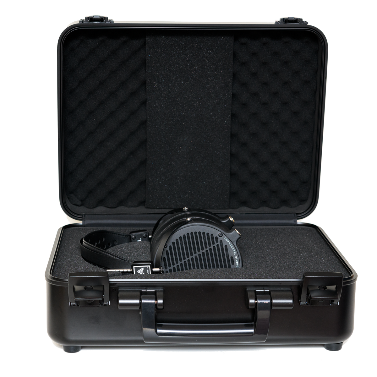 Black protective case with foam padding, featuring high-quality over-ear headphones inside.