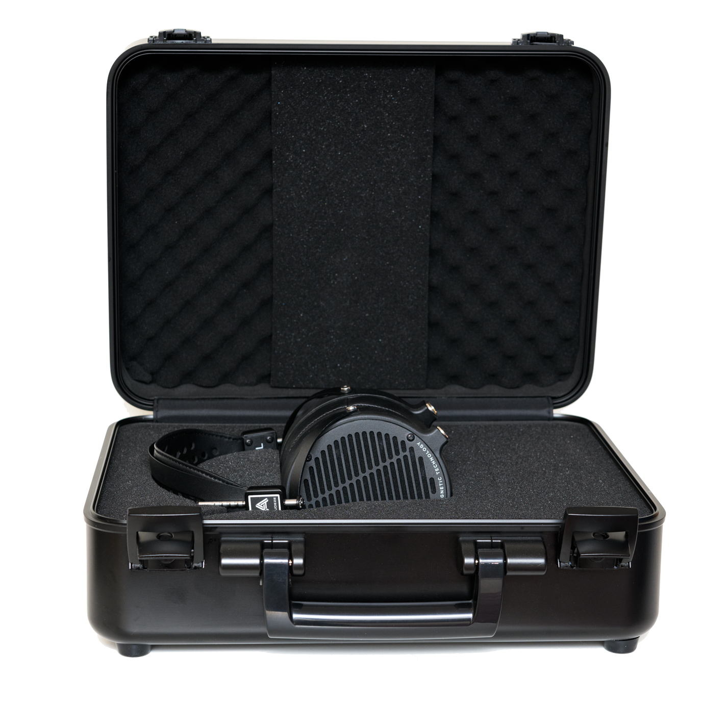 Black protective case with foam padding, featuring high-quality over-ear headphones inside.