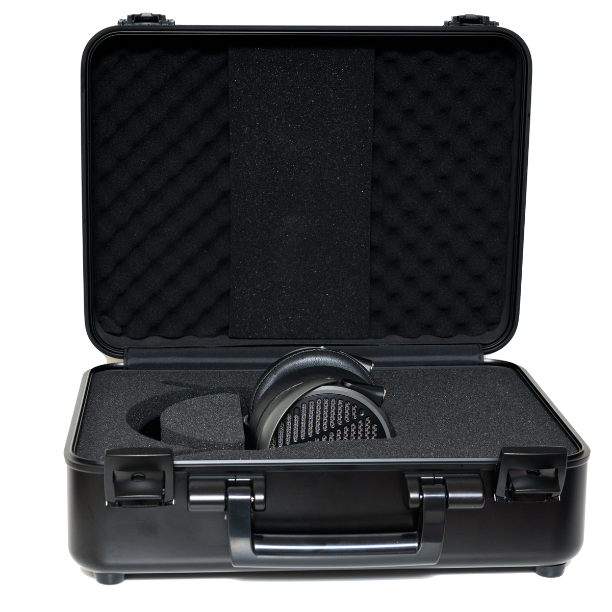 Black hard case with foam interior, featuring a pair of sleek headphones in a stylish design.