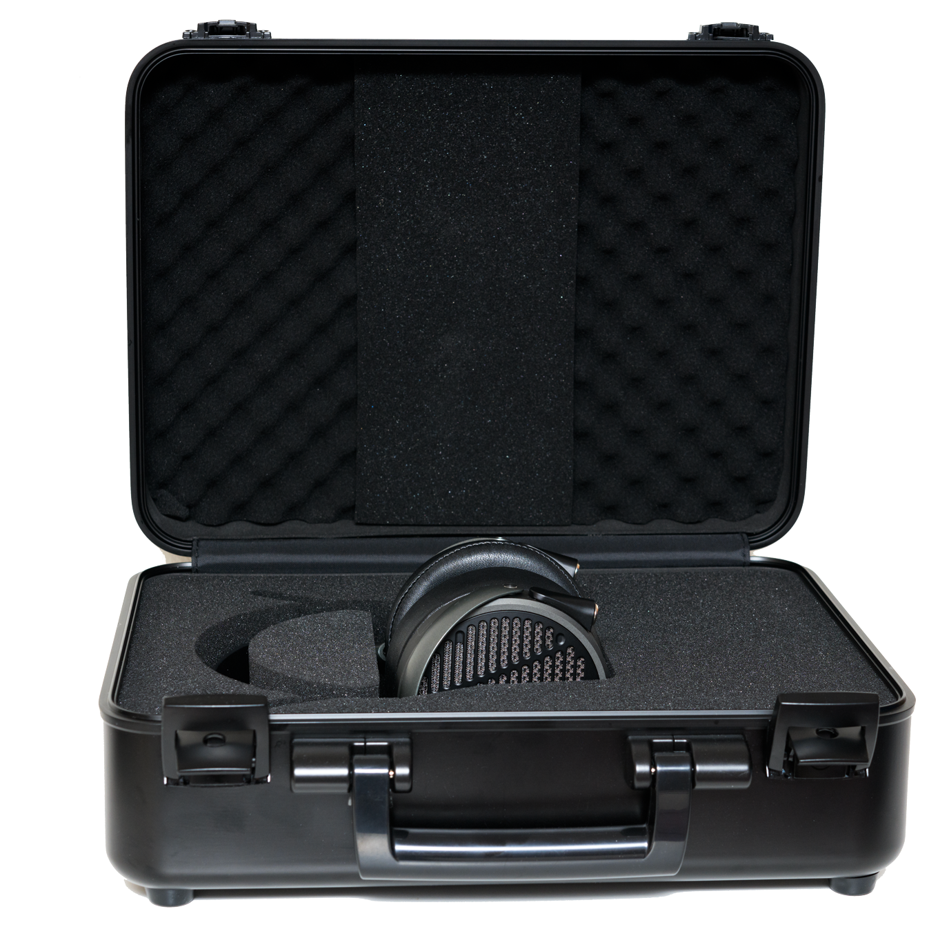 Black hard case with foam interior, featuring a pair of sleek headphones in a stylish design.