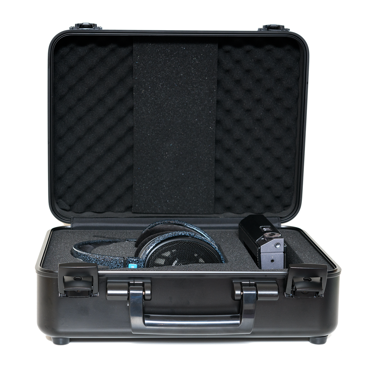 Black hard case with foam interior, featuring blue-accented headphones and a portable amplifier.