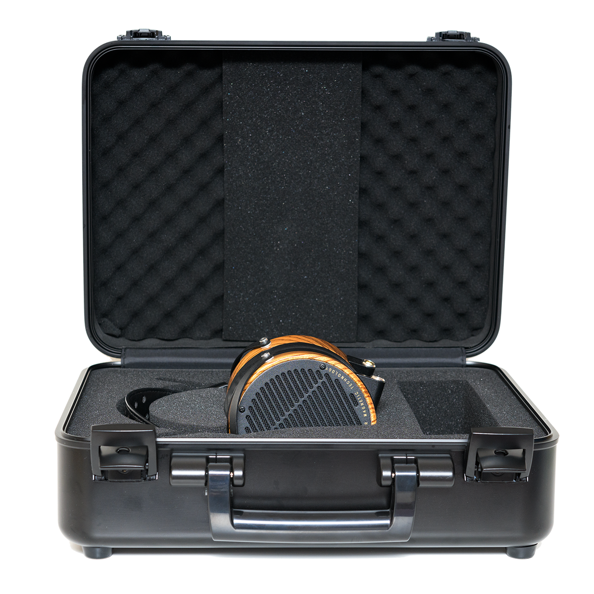 Black hard-shell case with orange accents, padded interior, and compartment for headphones. Ideal for travel and storage.