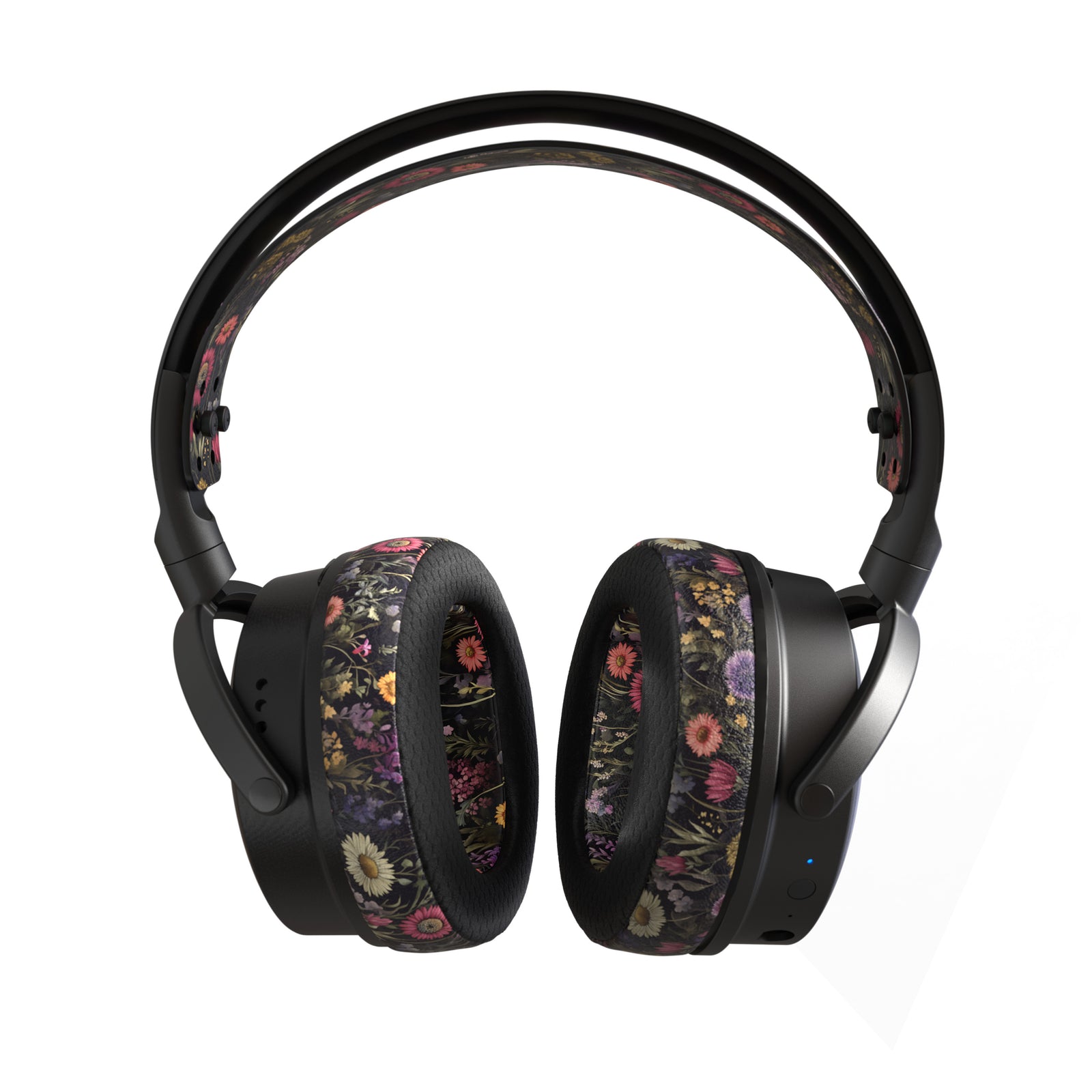 Black wireless headphones with floral-patterned ear cushions and a sleek design, perfect for stylish music lovers.