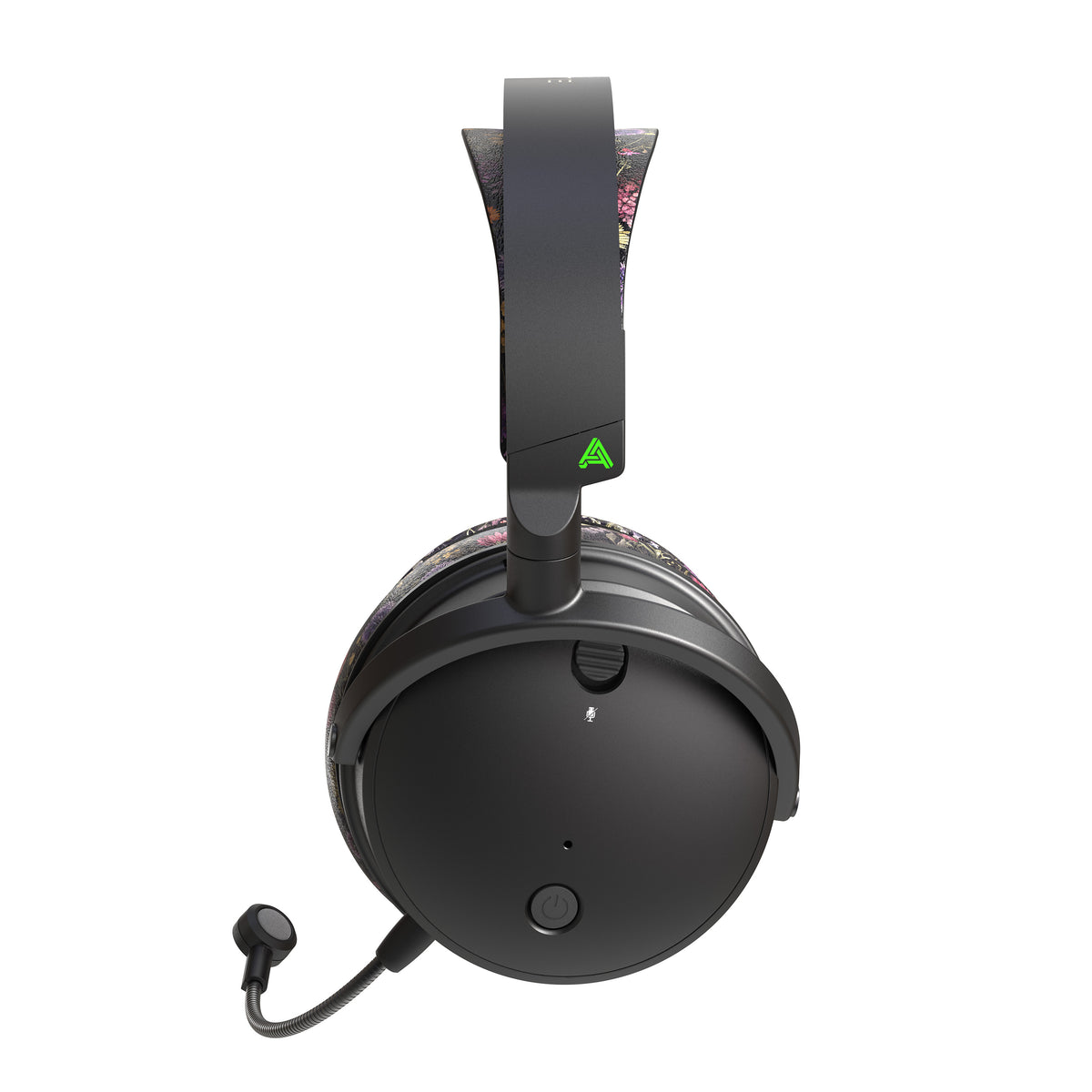 Black over-ear gaming headset with floral-patterned ear cushions and a foldable microphone. Wireless connectivity.