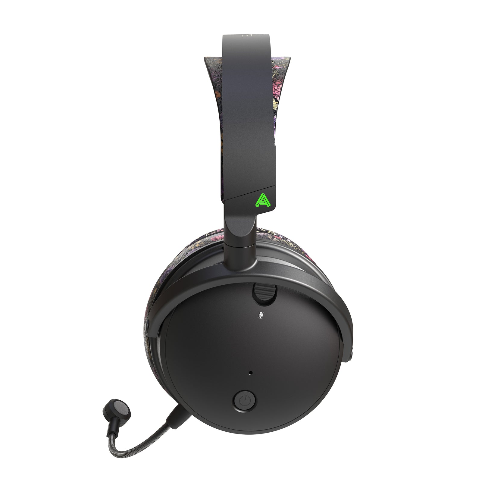 Black over-ear gaming headset with floral-patterned ear cushions and a foldable microphone. Wireless connectivity.