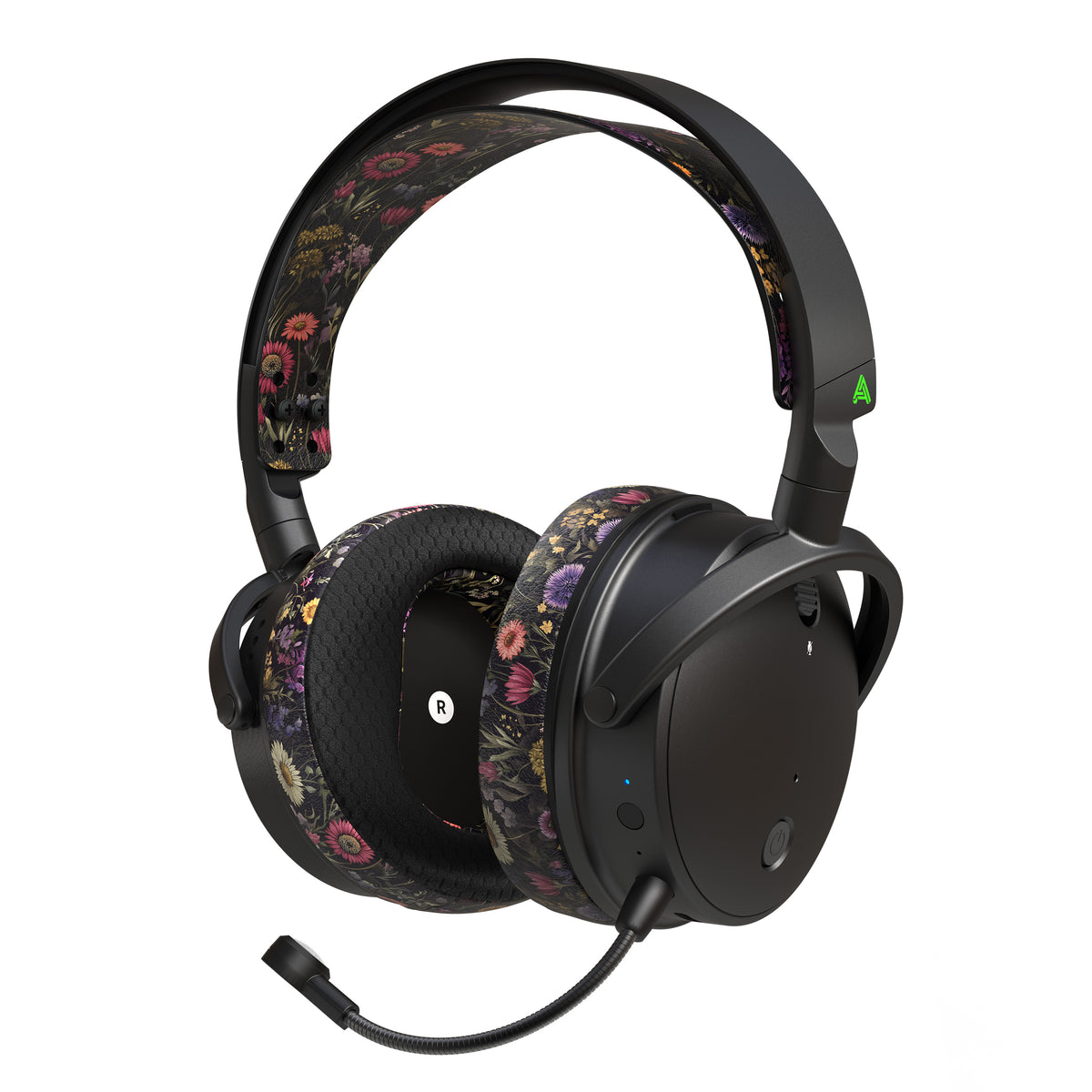 Black wireless gaming headset with floral-patterned ear pads and adjustable boom microphone for enhanced comfort and style.