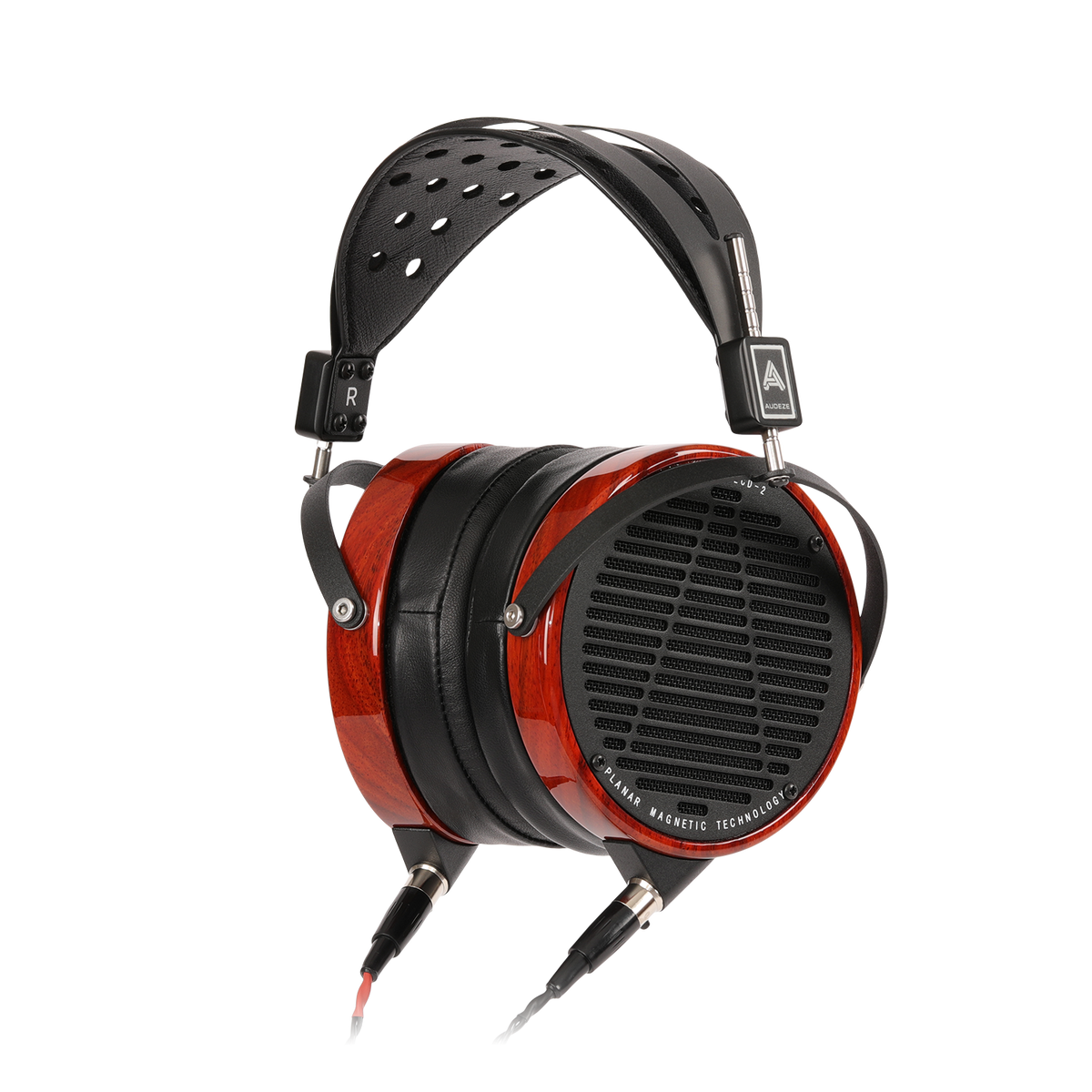 High-end red wooden headphones with black leather accents and open-back design for immersive sound quality.