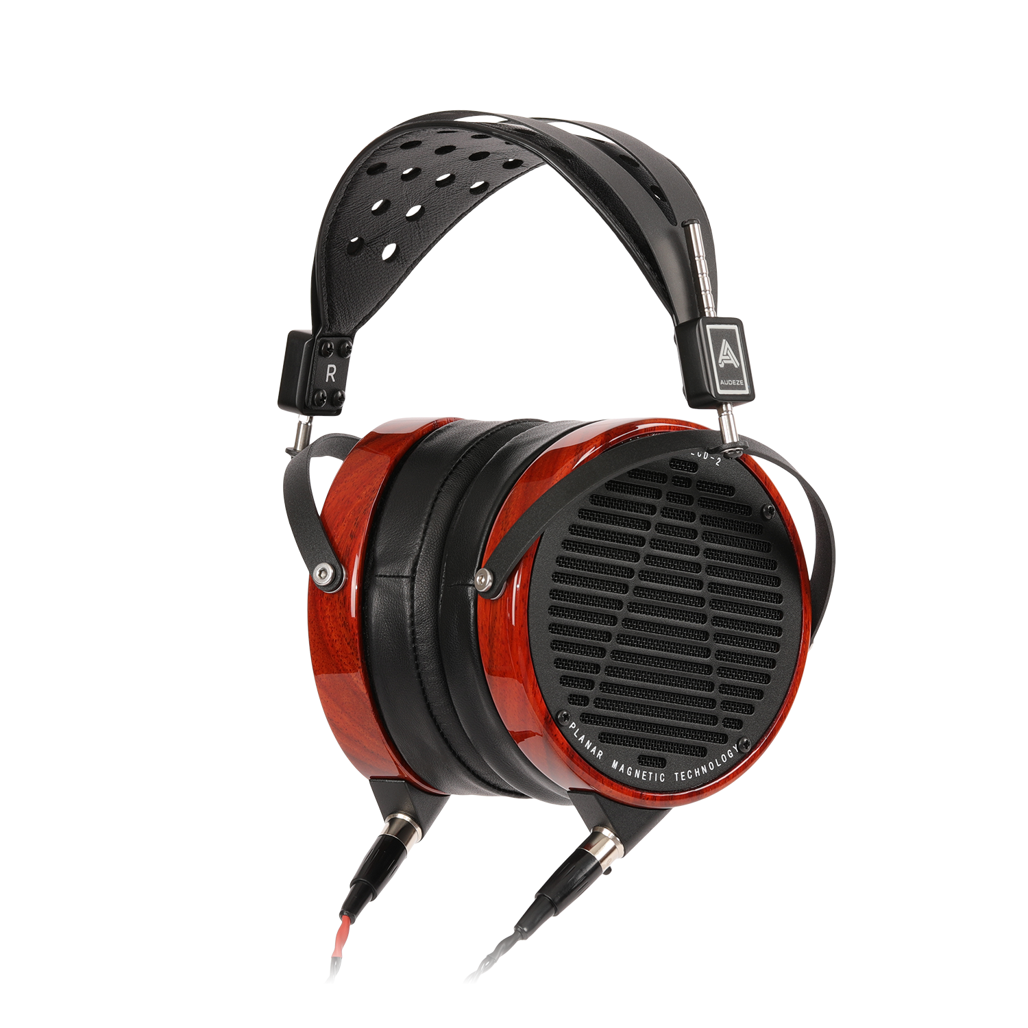 High-end red wooden headphones with black leather accents and open-back design for immersive sound quality.