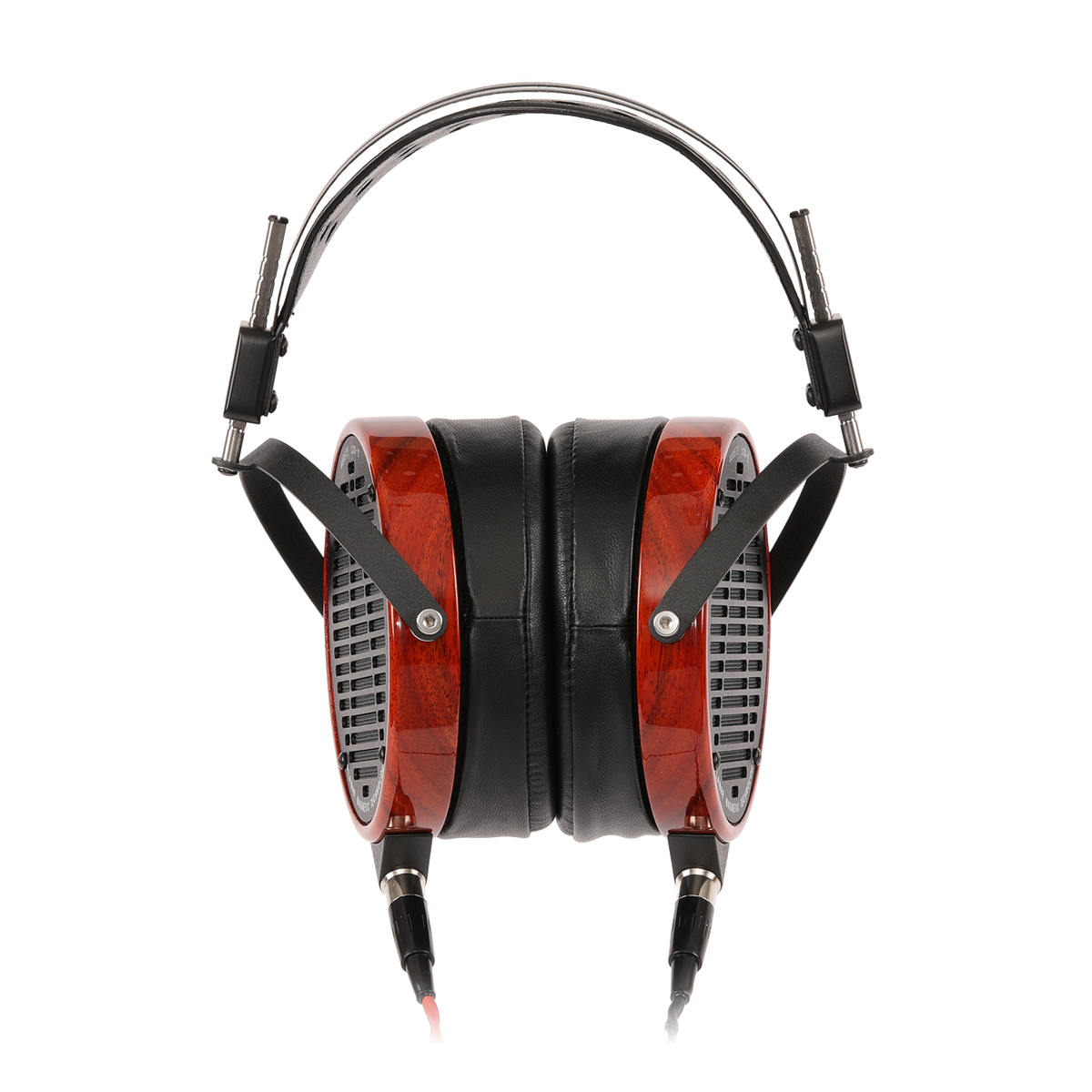 Luxurious wooden over-ear headphones with black leather padding and metallic accents, designed for audiophiles.