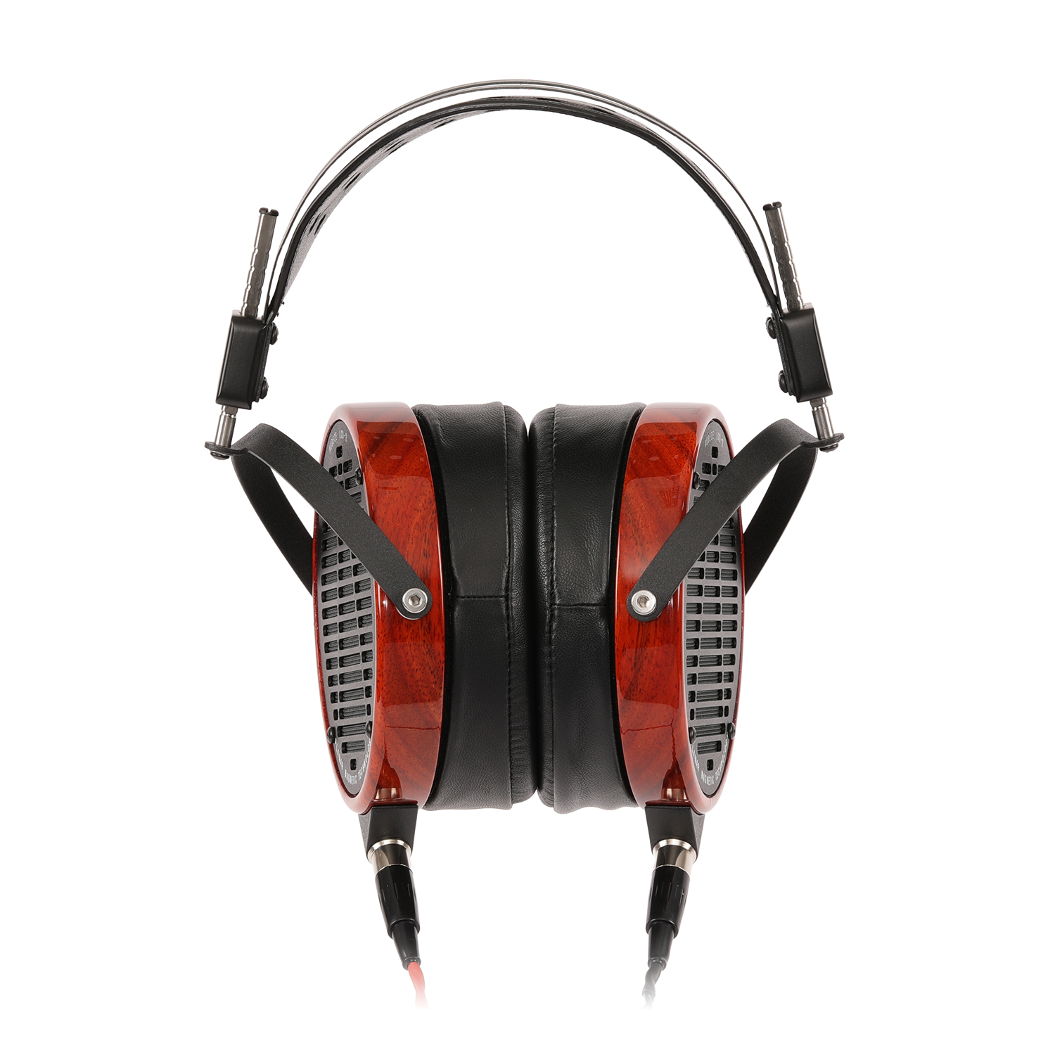 Luxurious wooden over-ear headphones with black leather padding and metallic accents, designed for audiophiles.