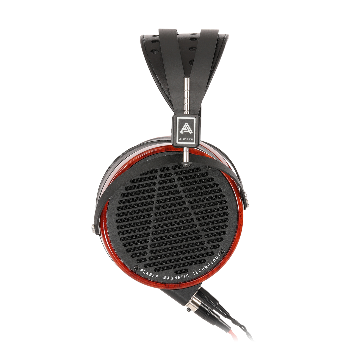 Red and black planar magnetic headphones with a sleek design and cushioned ear pads for superior sound quality.