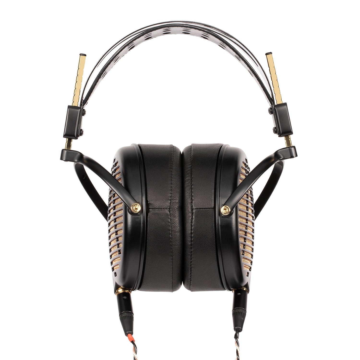 Black leather over-ear headphones with gold accents and a sleek, modern design. Perfect for audio enthusiasts.