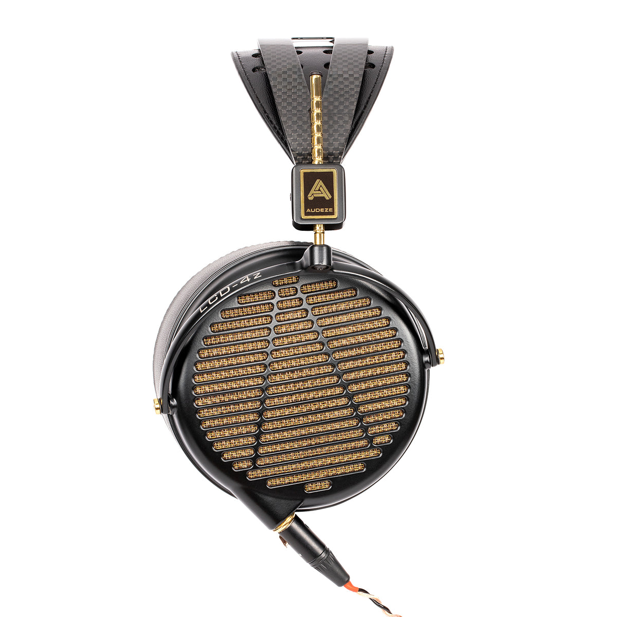 Audeze LCD-2 Classic open-back headphones in black leather and gold accents, featuring a sleek design and premium materials.