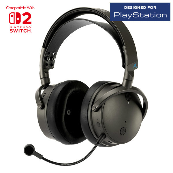 Wireless black gaming headset with adjustable microphone, compatible with Nintendo Switch and PlayStation.