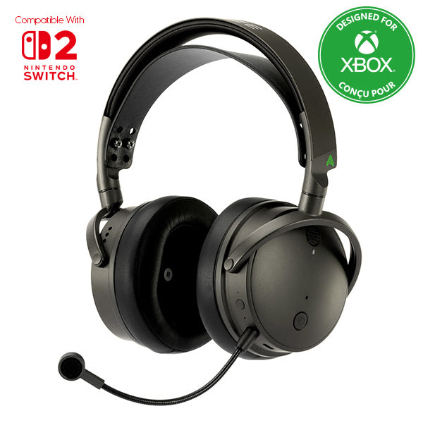 Black over-ear gaming headset with detachable mic, compatible with Xbox and Nintendo Switch, designed for comfort.