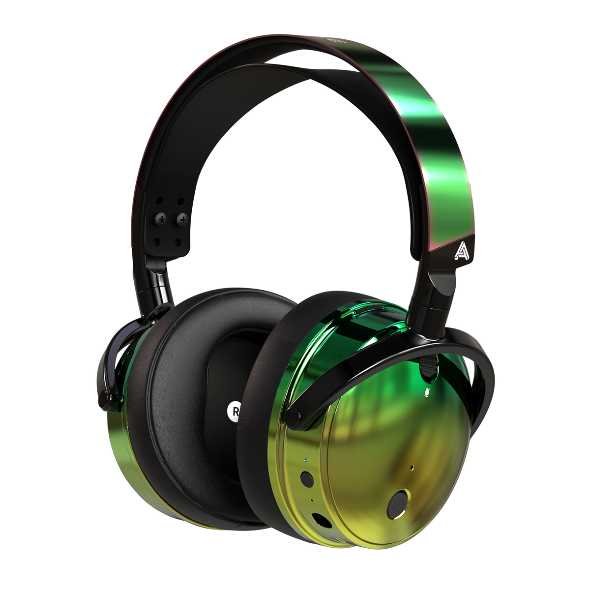 Multicolor reflective headphones with a sleek black headband and plush ear cushions, perfect for immersive sound experience.