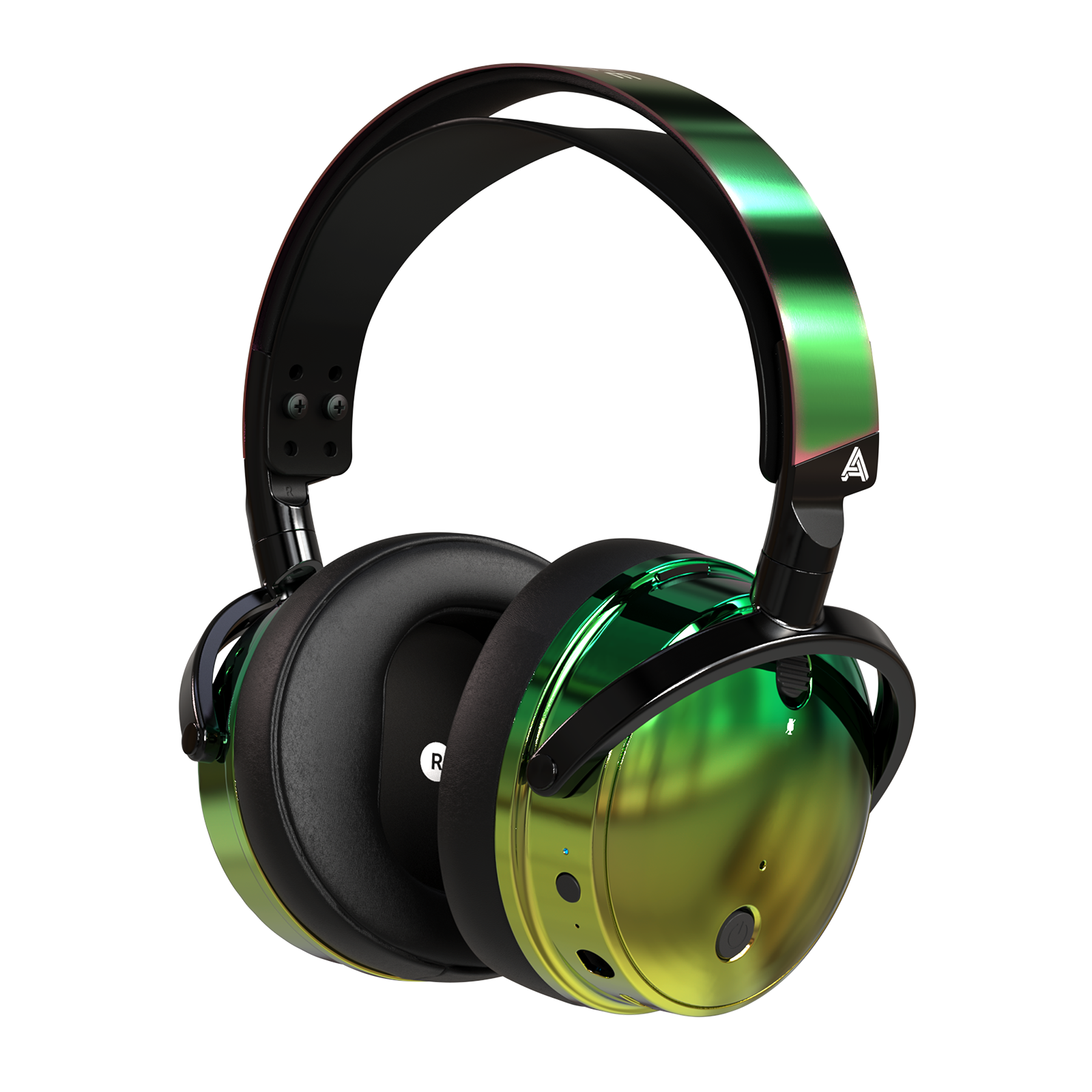 Multicolor reflective headphones with a sleek black headband and plush ear cushions, perfect for immersive sound experience.