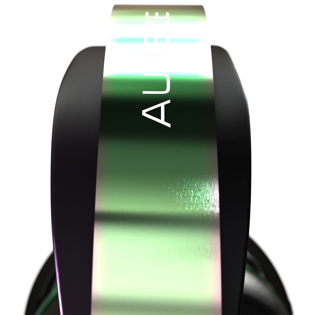 Sleek black headphones with a shiny iridescent green band, featuring modern design and high-quality materials.
