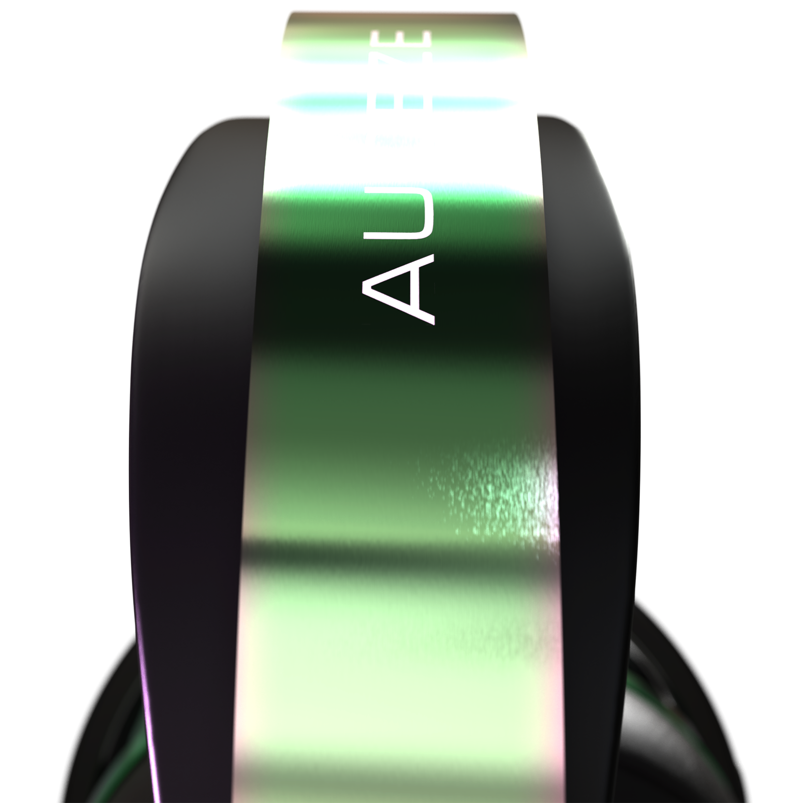 Sleek black headphones with a shiny iridescent green band, featuring modern design and high-quality materials.