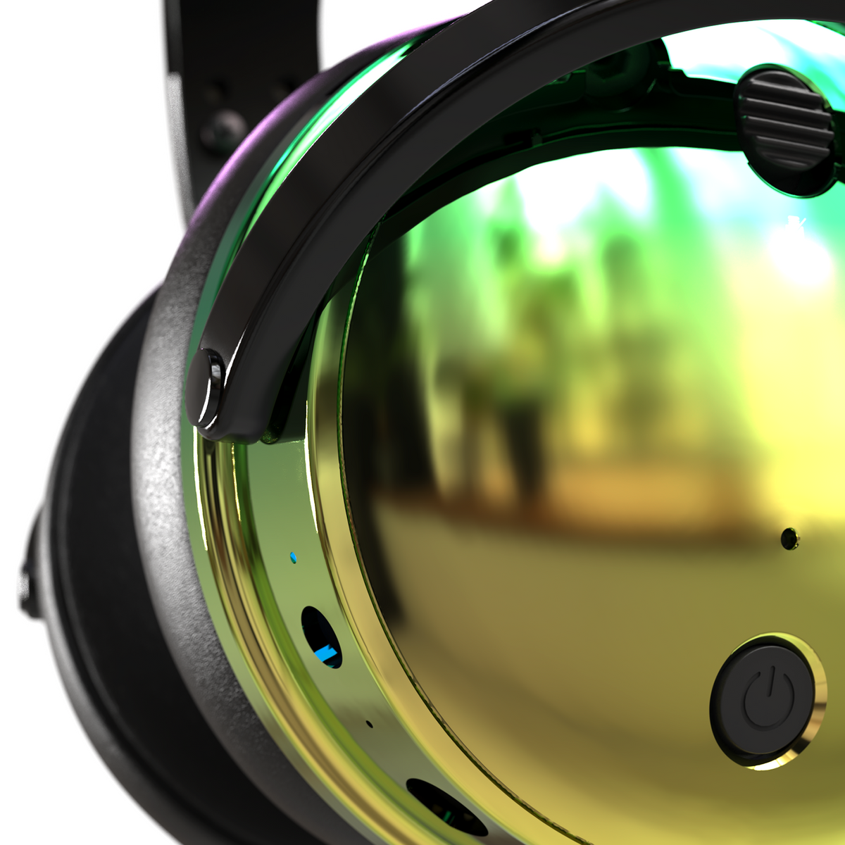 Stylish black over-ear headphones with a reflective gold and green finish, featuring a sleek design and power button.