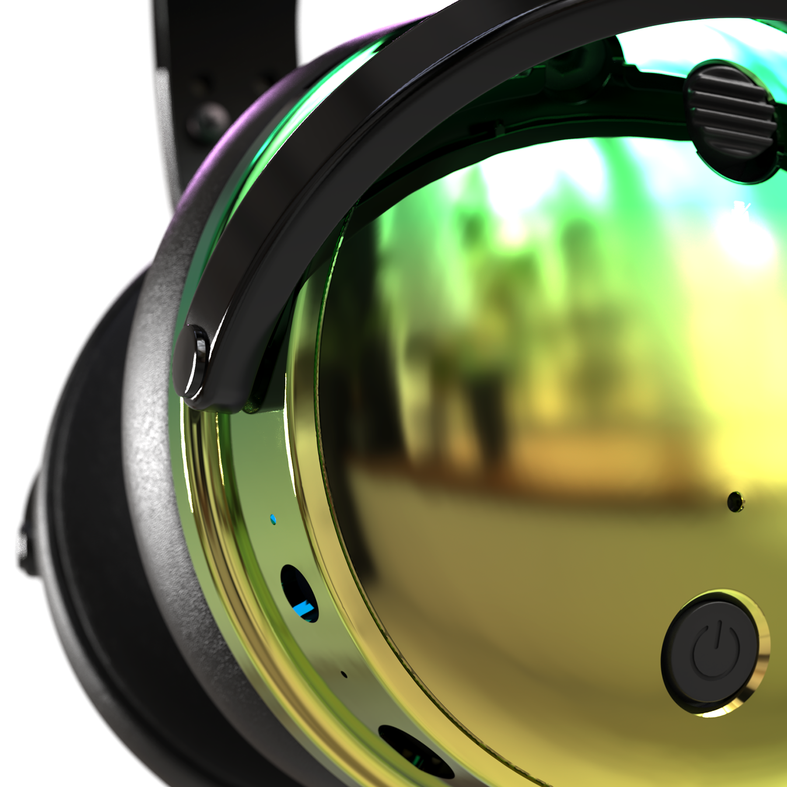 Stylish black over-ear headphones with a reflective gold and green finish, featuring a sleek design and power button.
