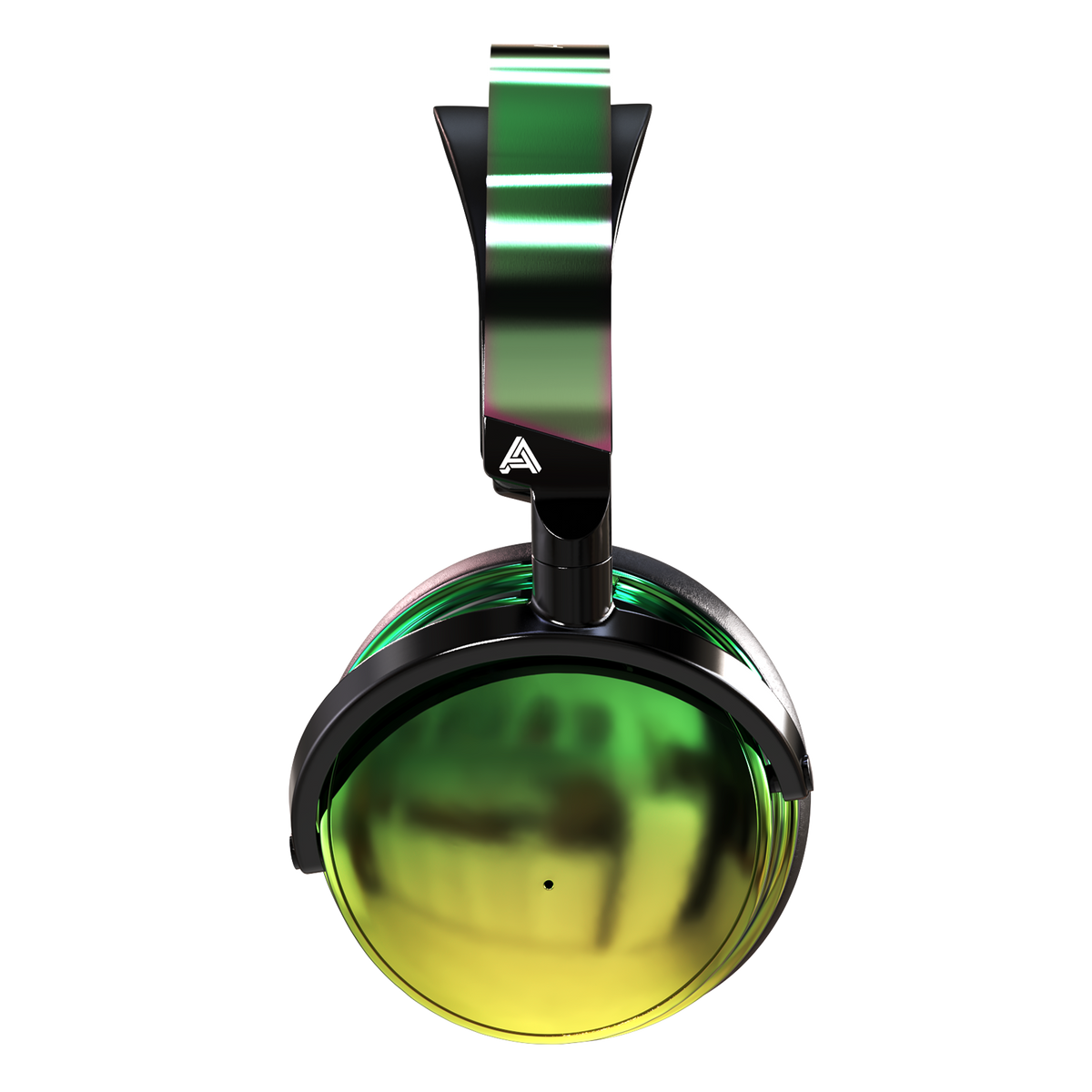 Glossy black and green over-ear headphones with a sleek design and vibrant gradient finish.