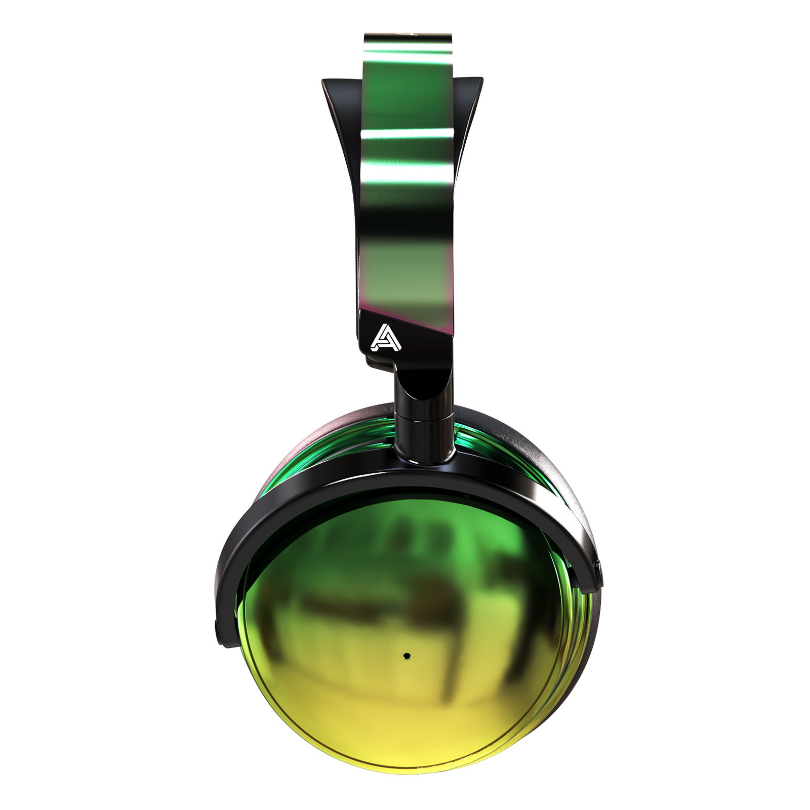 Glossy black and green over-ear headphones with a sleek design and vibrant gradient finish.